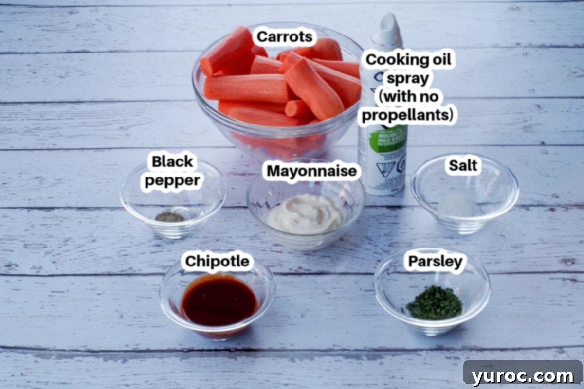 air fryer carrot fries ingredients in glass bowl, labelled
