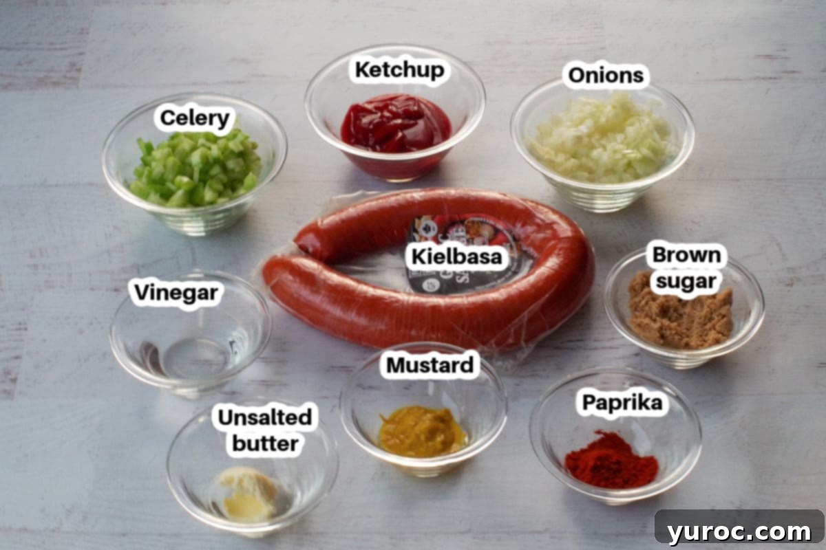 Ingredients for slow cooker kielbasa appetizer in glass bowls, clearly labelled