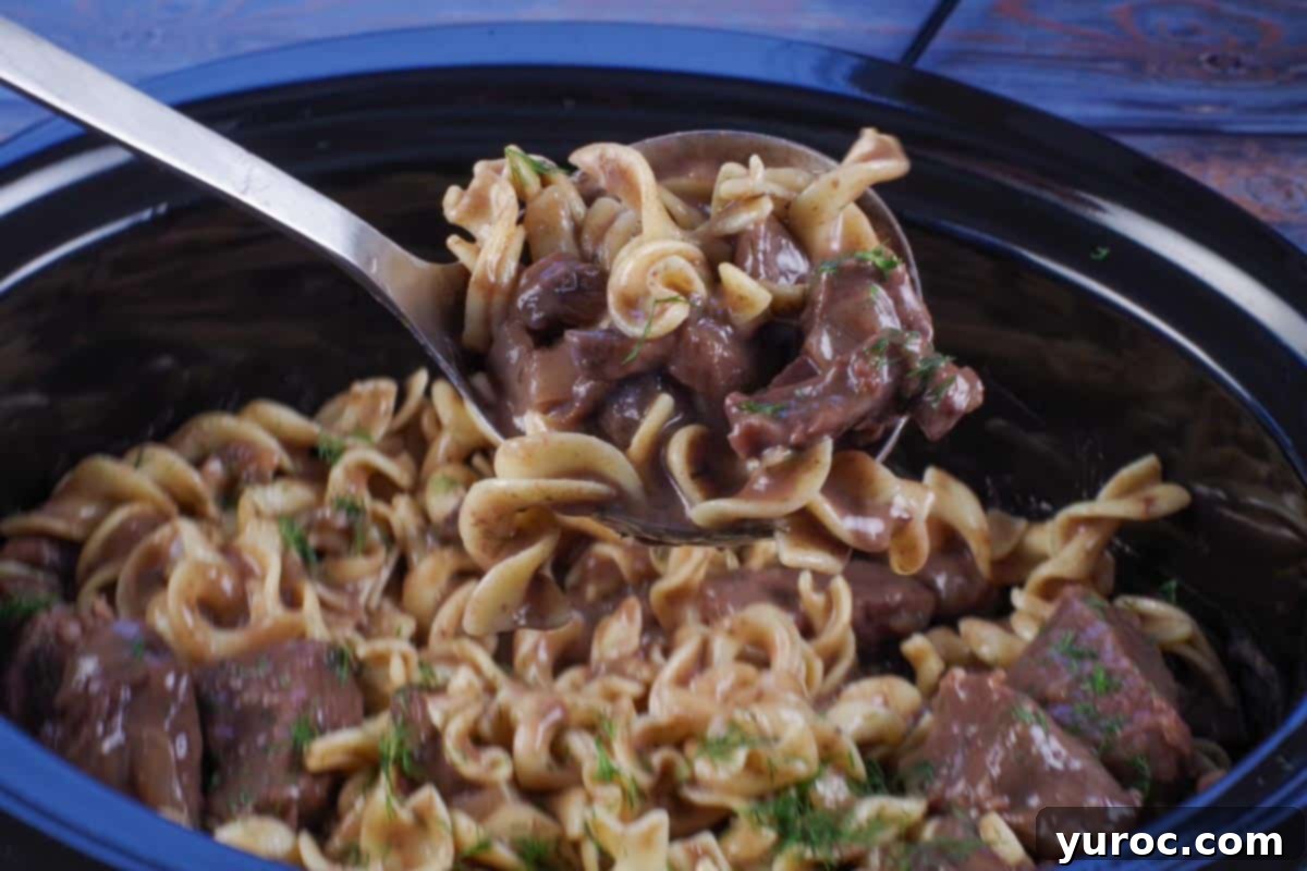 light beef stroganoff being scooped up on a ladle