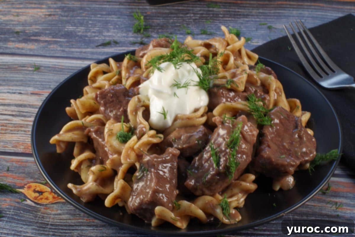 beef stroganoff on a black plate