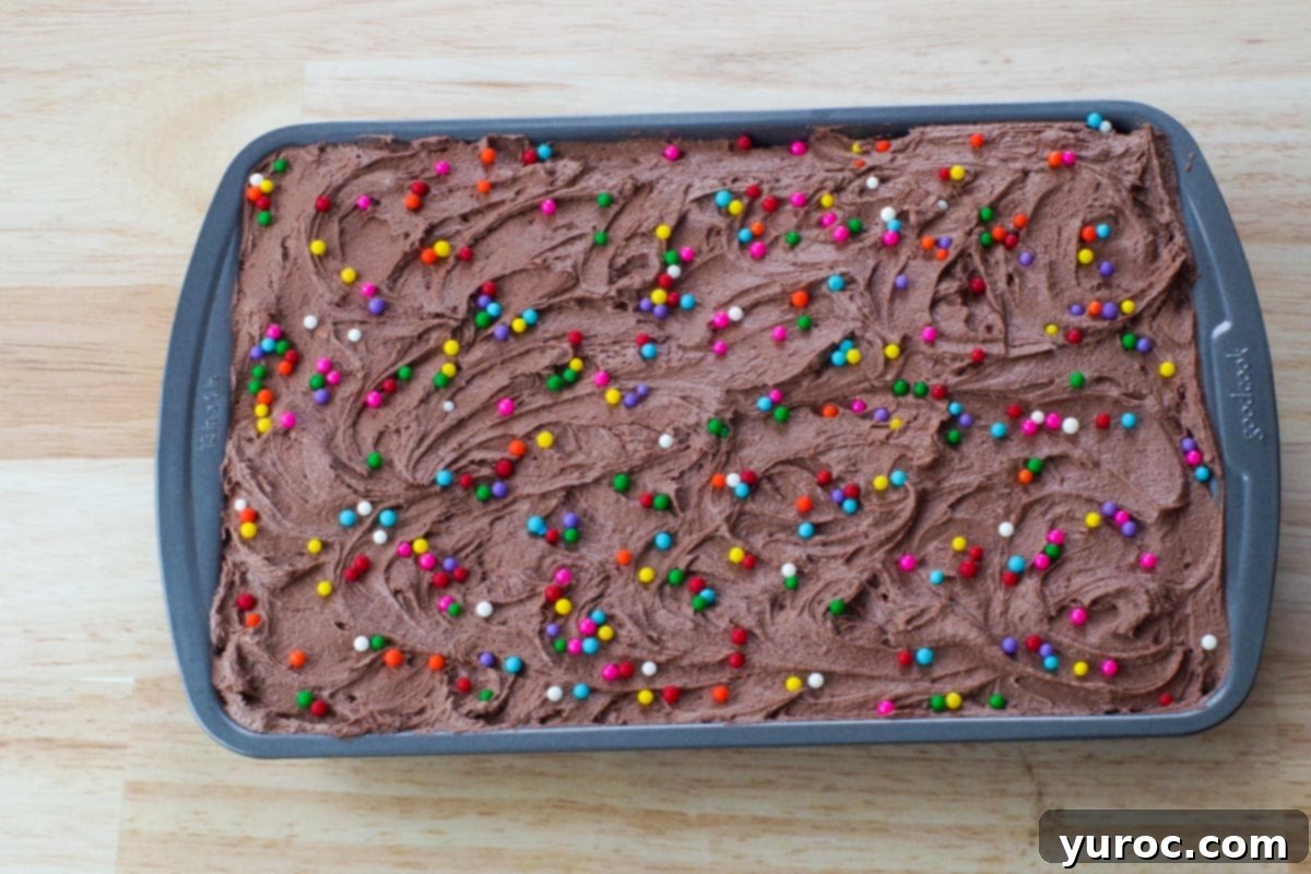The frosted chocolate Guinness cake generously sprinkled with festive rainbow non-pareils.
