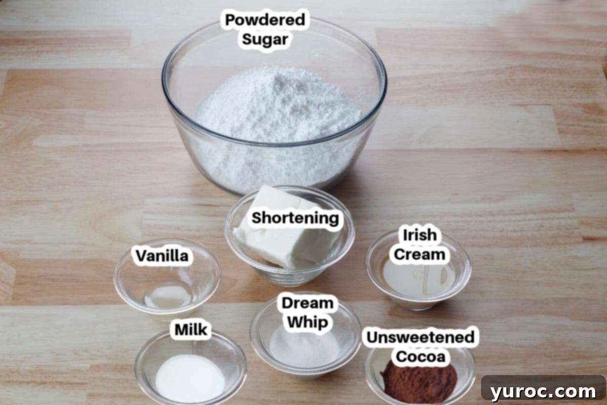 Ingredients for chocolate Irish cream frosting, including shortening, Dream Whip powder, Irish Cream, and milk, displayed in labeled bowls.
