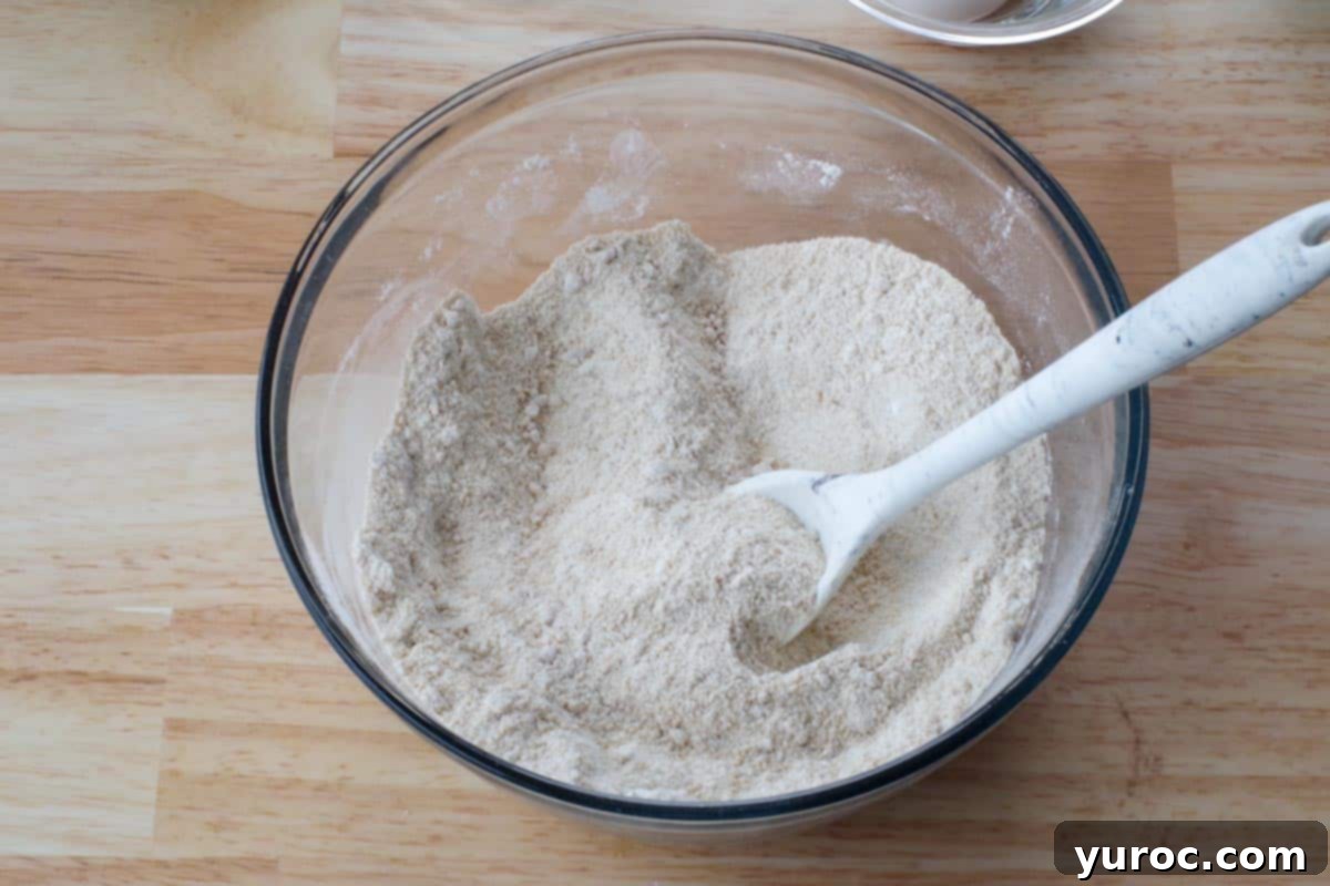 Flour, sugar, salt, and baking soda combined in a mixing bowl for the dry ingredients.