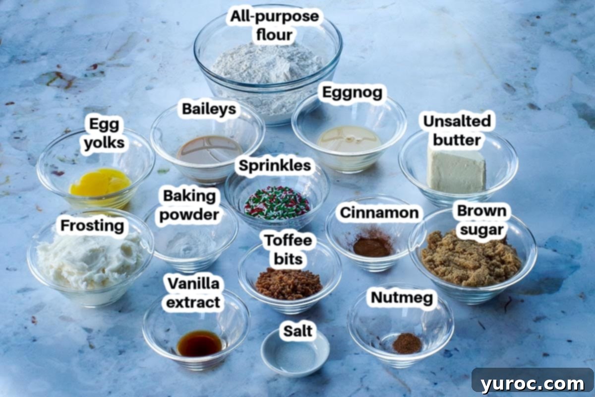 ingredients in Eggnog and Baileys Irish Cream cookies in glass bowls, labelled