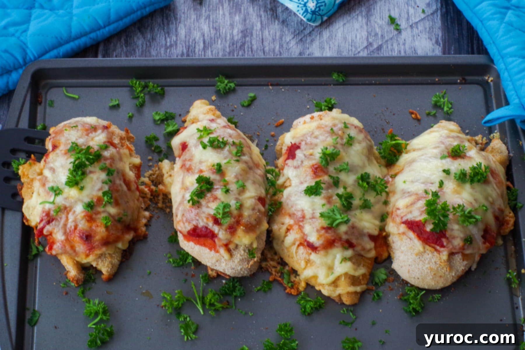 Four perfectly cooked chicken parmesan breasts presented on a single sheet pan, with blue oven mitts in the background, showcasing the ease of the one-pan method.