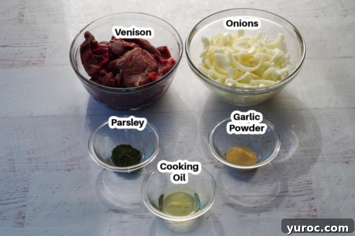 Pan fried venison ingredients in glass bowls, labelled clearly