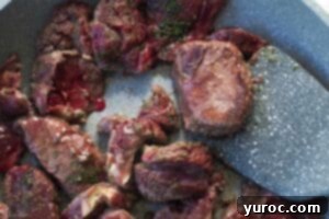 piece of venison steak being held up with a spatula turner