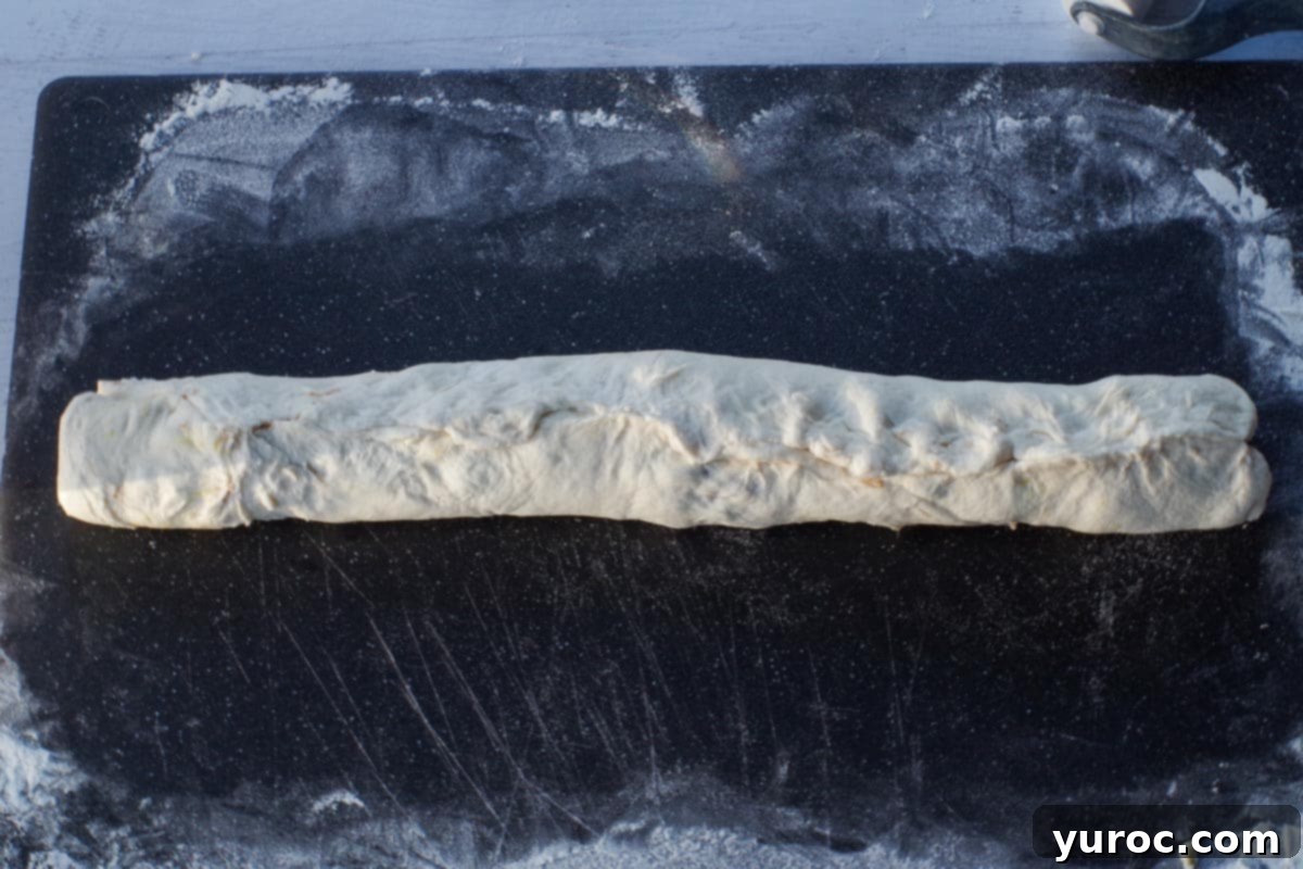 The dough is fully rolled into a log shape, with the seam neatly pinched closed to secure the filling.