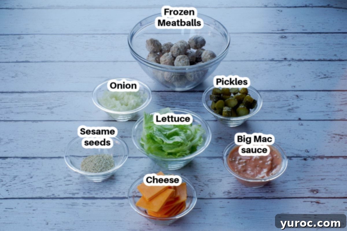 Various Big Mac Bite ingredients neatly arranged in glass bowls: frozen meatballs, cheddar cheese slices, dill pickles, shredded lettuce, chopped onion, and components for the special sauce.