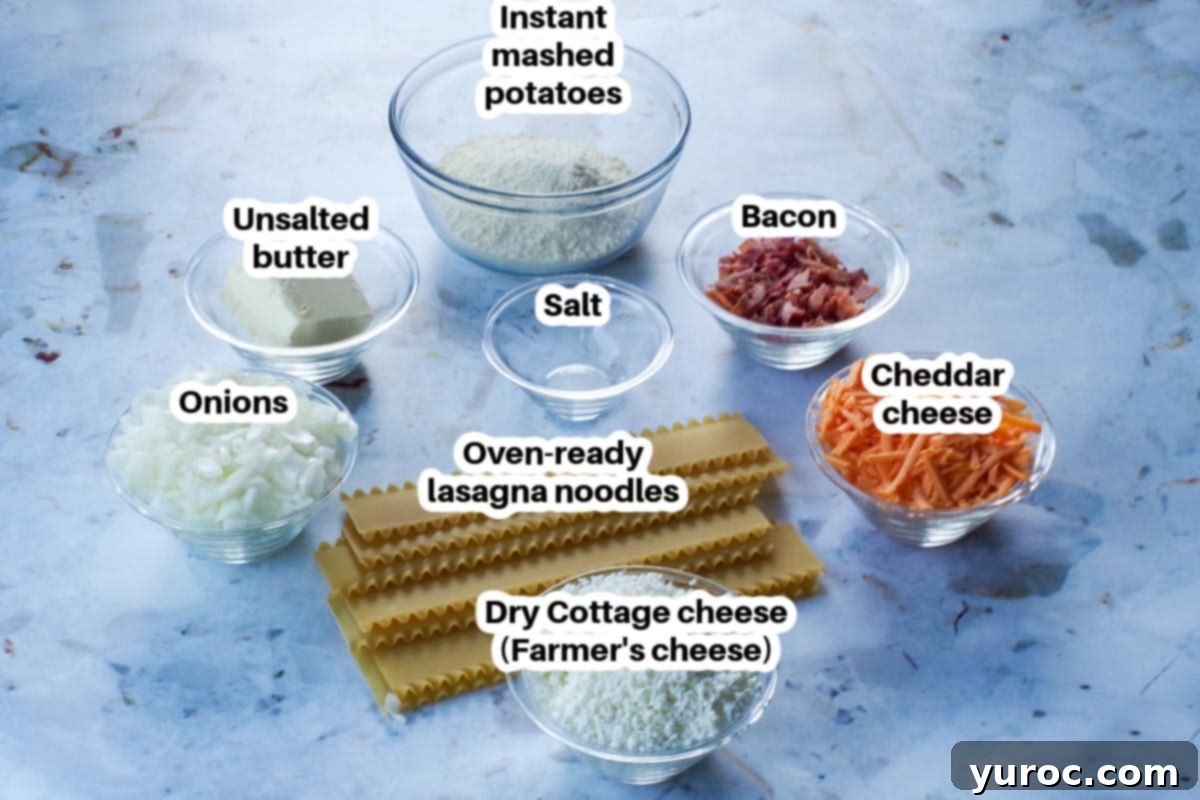 Easy Weeknight Pierogi Casserole 2 ingredients needed for lazy pierogi in glass dishes with oven -ready lasagna noodles in the middle