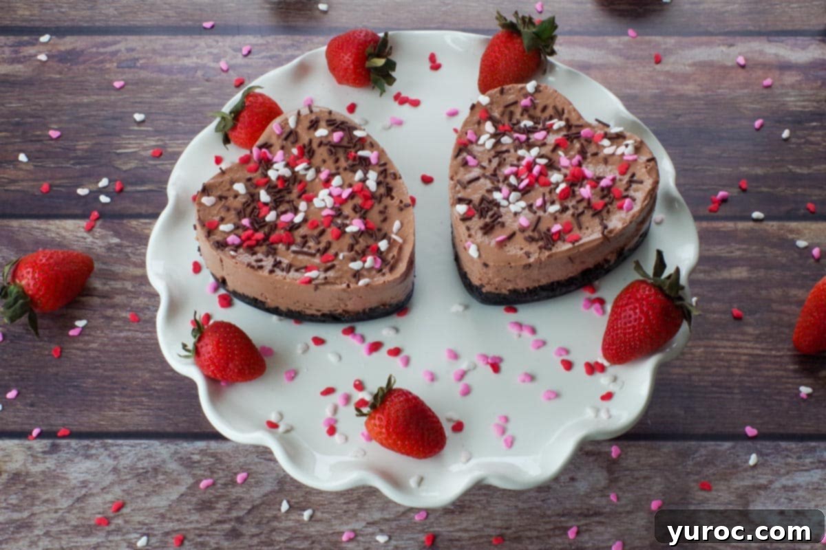 Two heart-shaped Valentine's Day Chocolate Strawberry Cheesecakes on a white cake platter, adorned with fresh strawberries and festive heart sprinkles