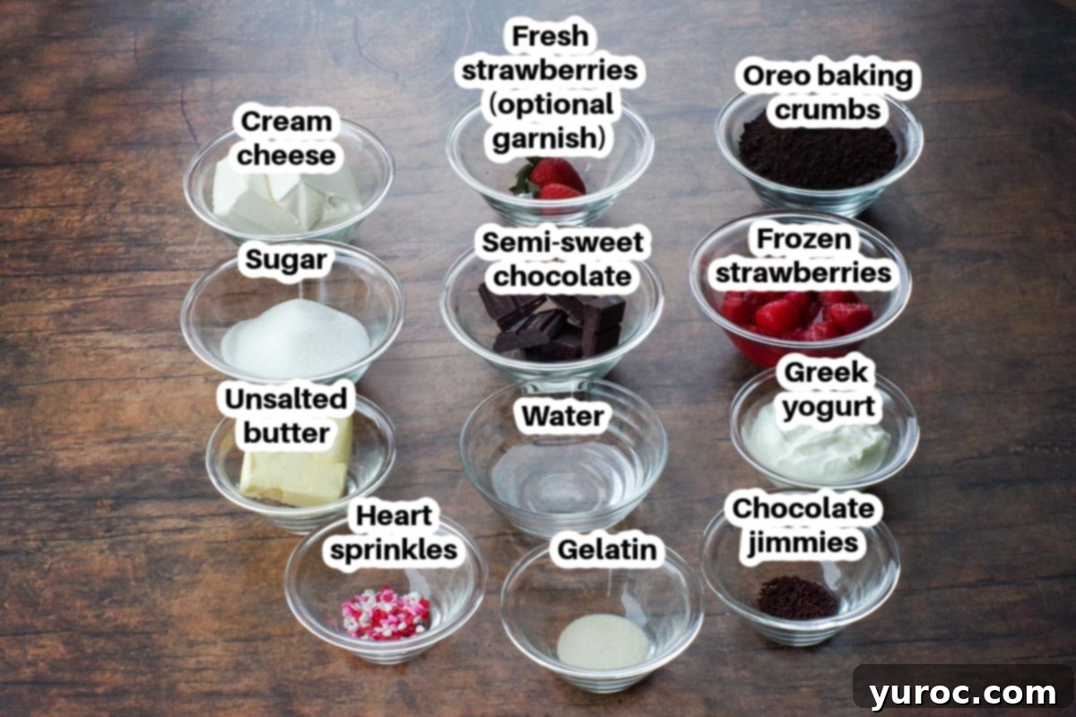 Labeled ingredients for Valentine's Day Cheesecake in clear glass bowls, arranged on a rustic dark brown faux wood surface