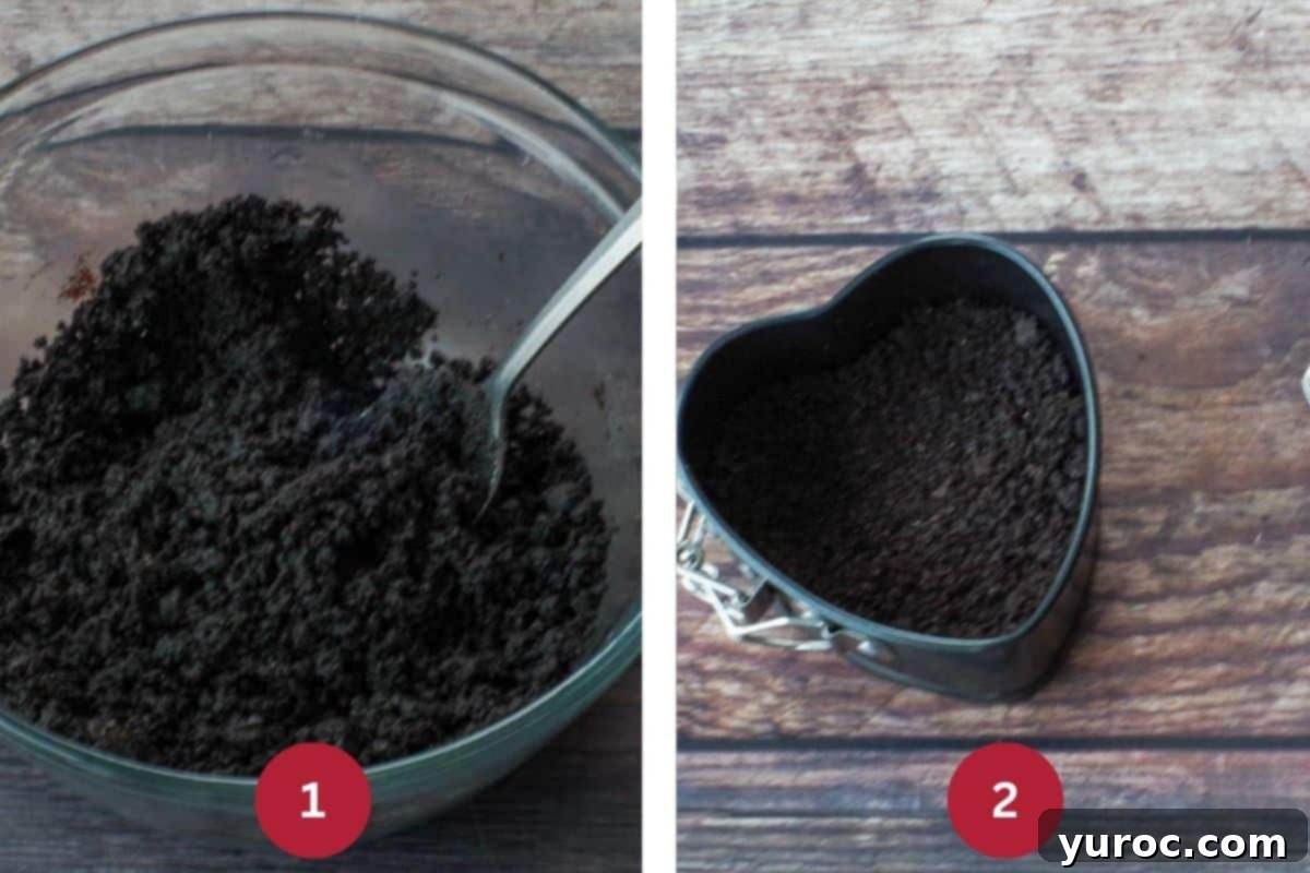 Two images showcasing the process of making the Valentine's Day cheesecake crust: one with ingredients being mixed, the other with the crust pressed into a heart-shaped pan.