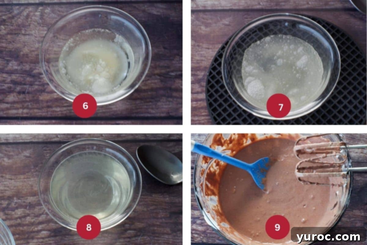 Four images demonstrating how to stabilize Valentine's Day cheesecake filling with gelatin: blooming gelatin, bloomed gel, dissolved gelatin, and adding it to the cheesecake mixture.