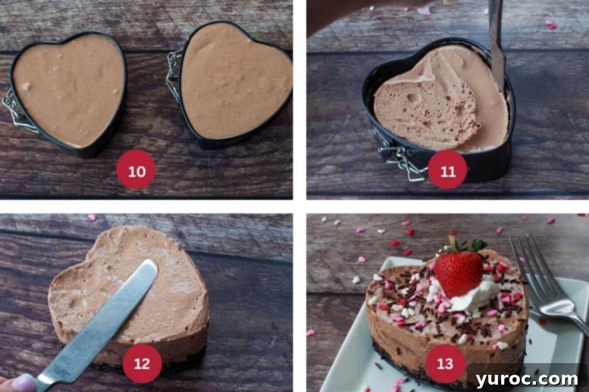 Four images illustrating the assembly of Valentine's Day cheesecake: pouring batter into crusts, setting, removing from pan, and garnishing.