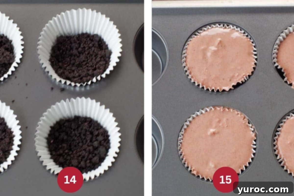 Two photos showing how to use leftover Valentine's Cheesecake mix and crust to create mini cheesecakes in muffin tins.