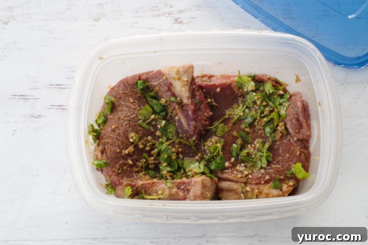 steak with marinade poured over it in a Ziploc container