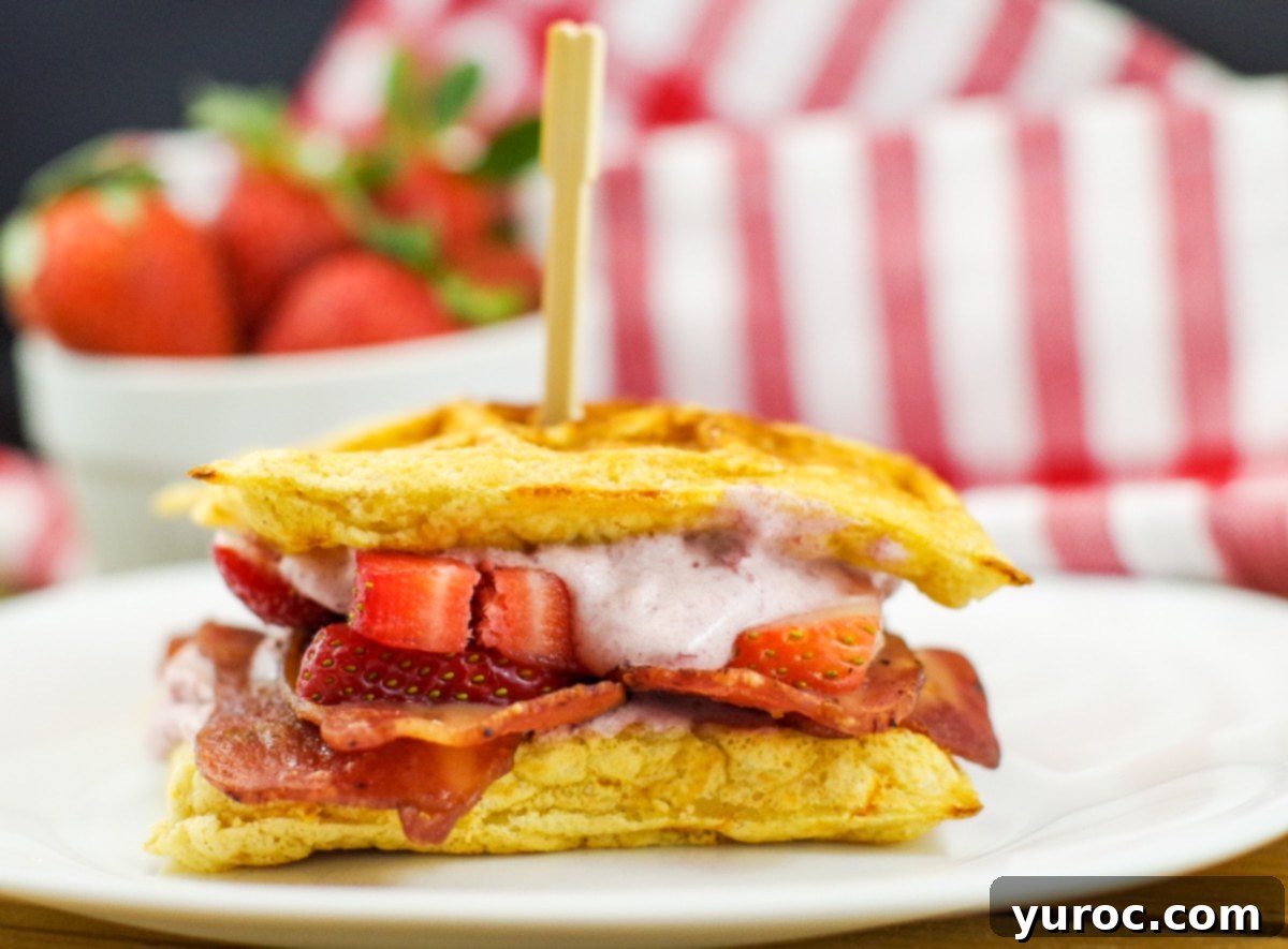 Close-up of a delicious and healthy chicken and waffle sandwich with fresh strawberries in the background, ready to be served for breakfast or brunch.