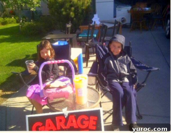 A humorous image illustrating the challenges and frustrations of hosting a garage sale, with a focus on the effort involved.