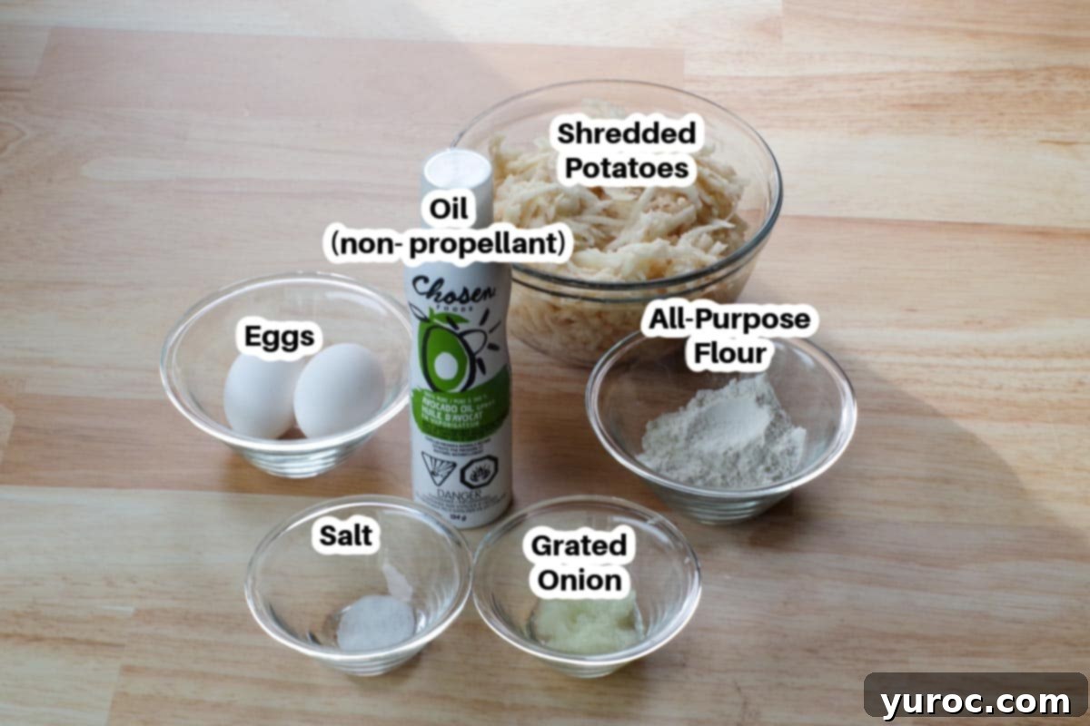 ingredients in air fryer potato pancakes in glass bowls