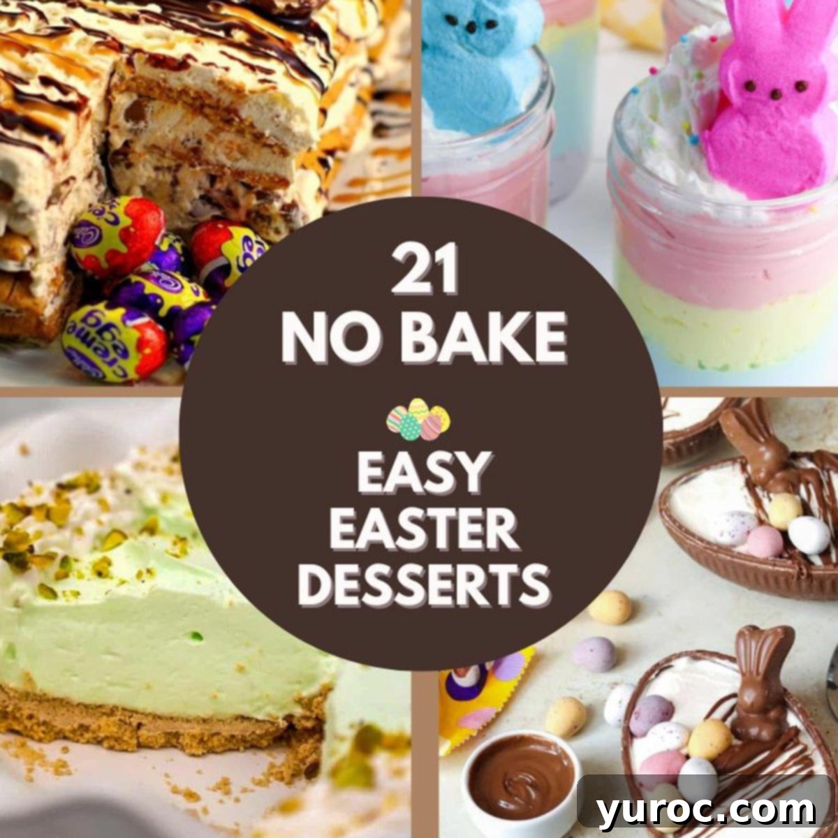 A vibrant collage of 4 tempting no-bake easy Easter desserts, designed to inspire your holiday baking plans.