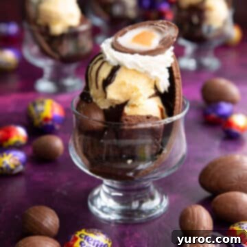 An enticing Easter Egg Sundae, set against a vibrant purple backdrop and surrounded by an assortment of Cadbury Easter Creme Eggs.