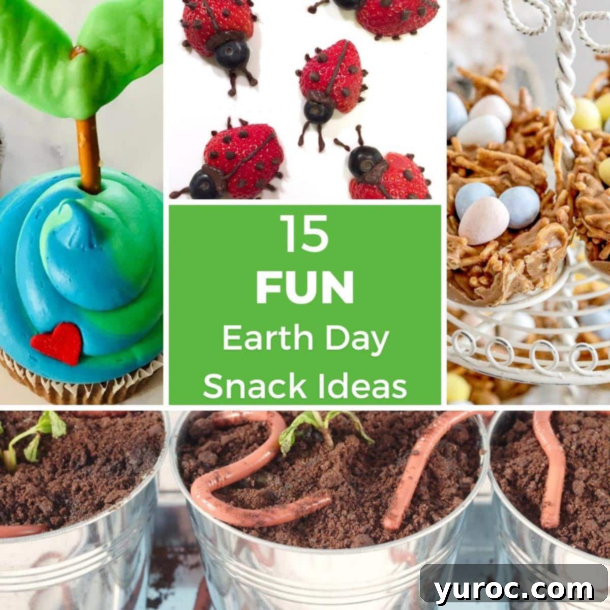 Collage of 4 photos of Earth Day snacks showcasing a variety of colorful and themed treats.