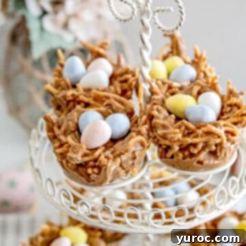 Four charming birds nest cookies displayed on a white wire rack, with more visible below, perfect for a spring or Earth Day treat.