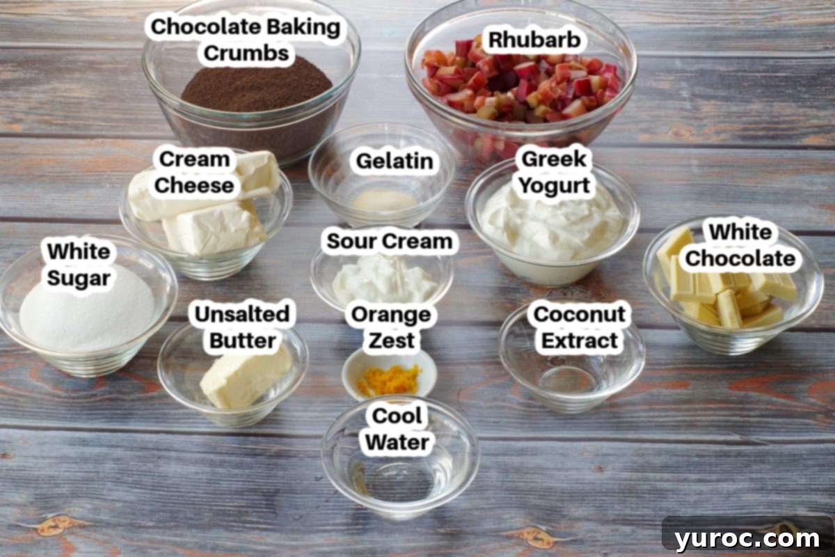ingredients in no bake rhubarb cream cheese bars in glass bowls, labelled