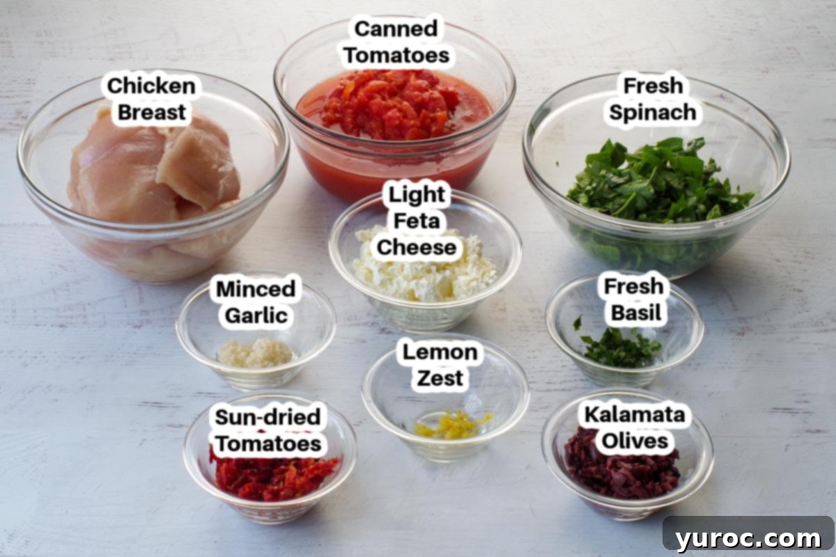 slow cooker mediterranean stuffed chicken breast ingredients in glass bowls, labelled