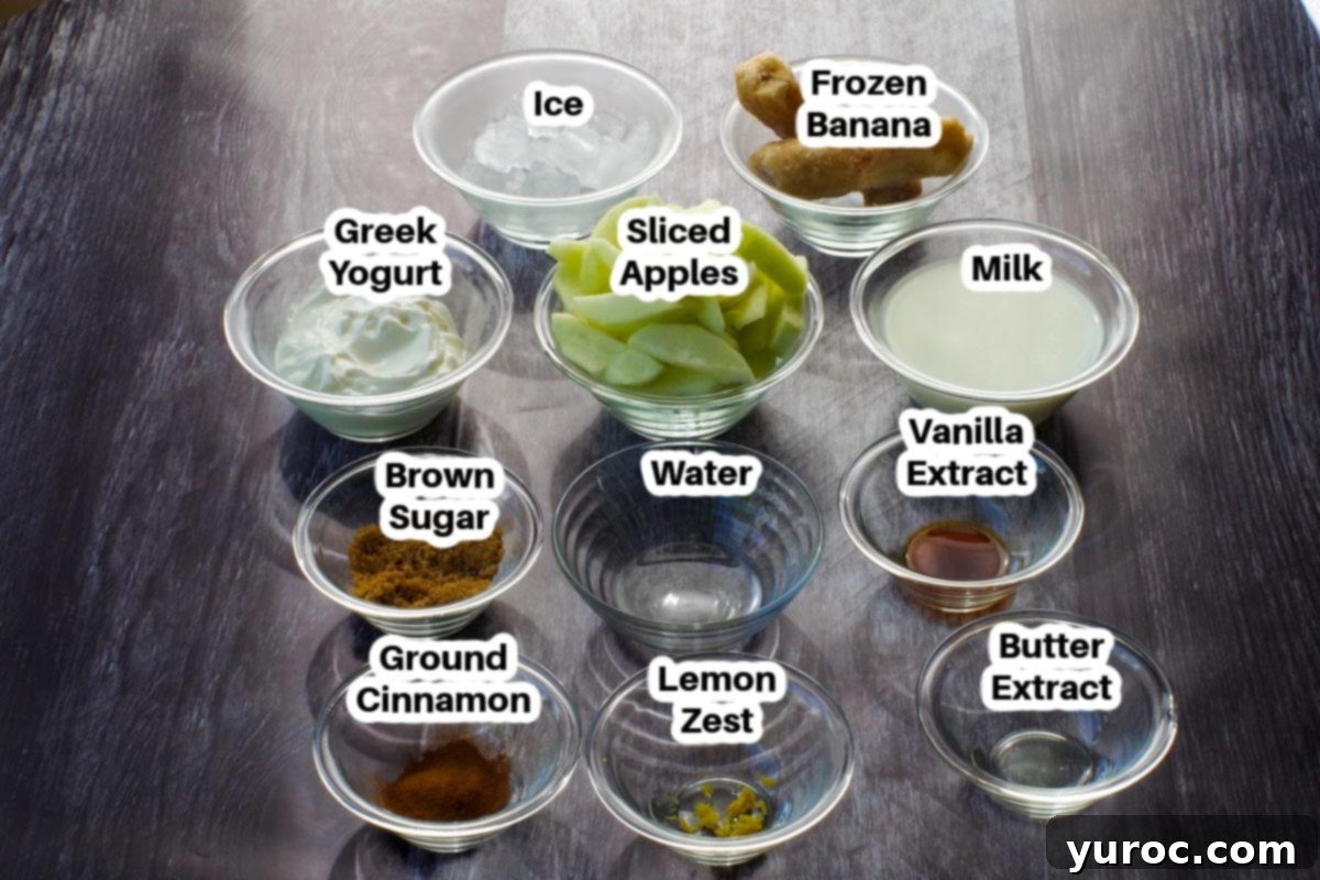 Wholesome Apple Pie Spice Blend 3 Healthy apple pie smoothie ingredients laid out in glass bowls, clearly labelled for easy identification.
