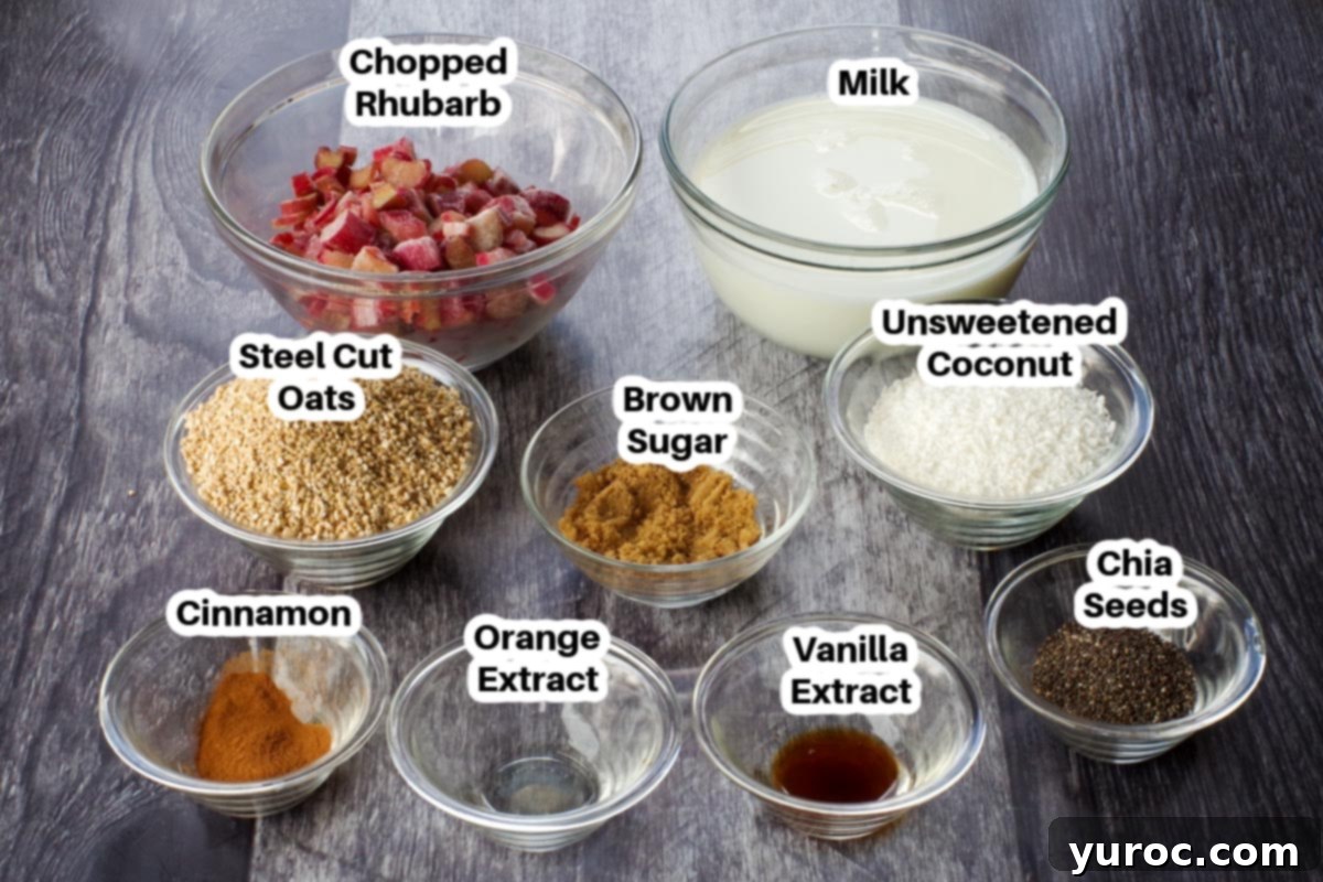 Labeled glass bowls displaying all the fresh and wholesome ingredients required for preparing healthy rhubarb overnight oats.