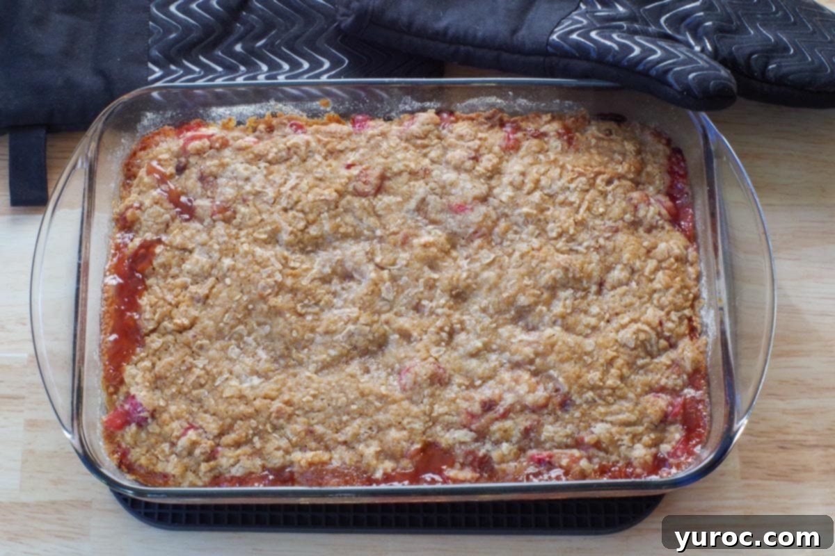 Freshly baked Rhubarb Crumble in a glass pan, golden brown and bubbly, resting on a black trivet with black oven mitts in the background, signifying it's just out of the oven.