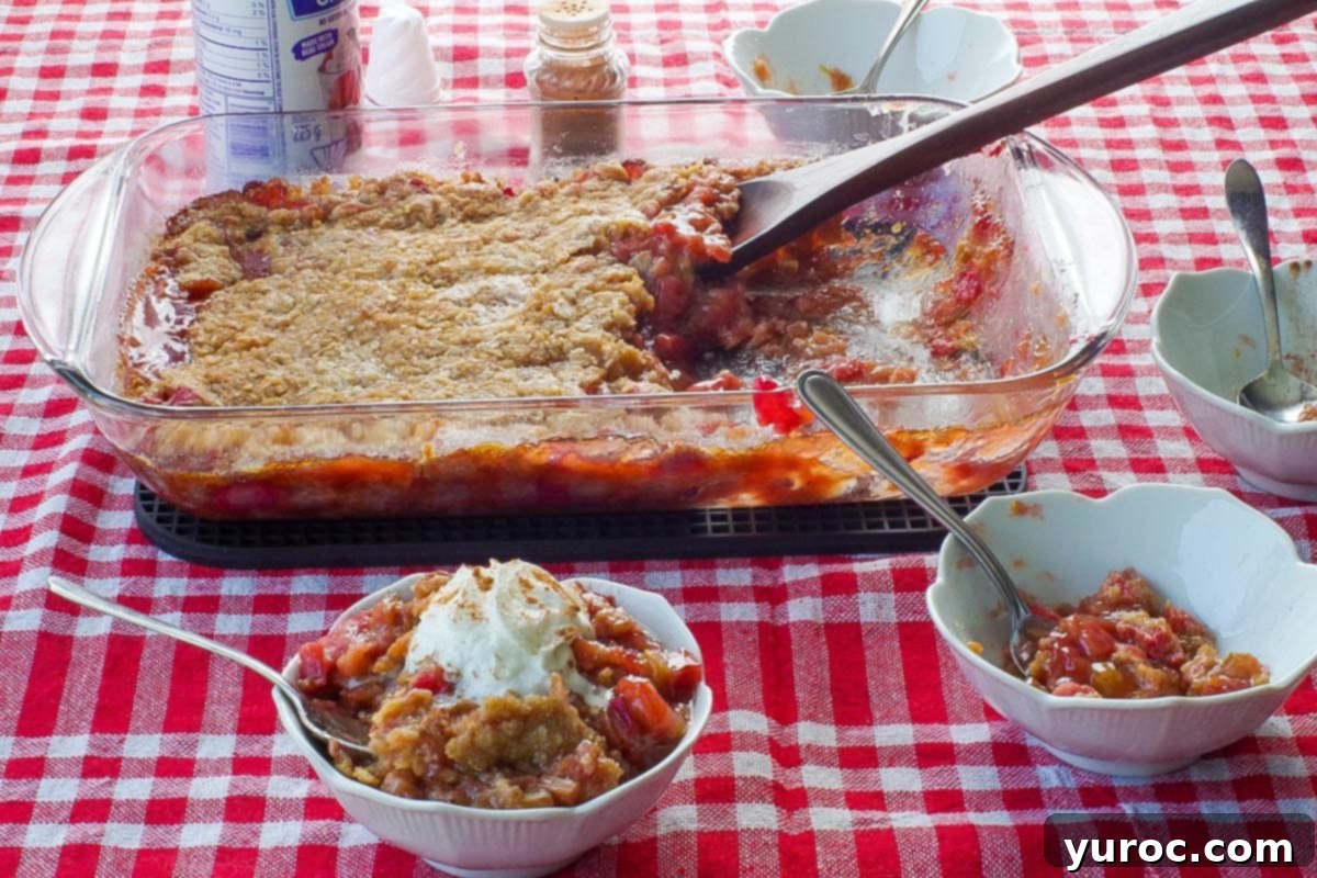A mouthwatering serving of rhubarb crumble, crowned with whipped cream, nestled in a white petal dish with a spoon. A full glass pan of more rhubarb crumble sits enticingly in the soft-focus background.