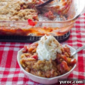 Classic Old Fashioned Rhubarb Crumble topped with whipped cream, in a white petal dish with a spoon, and a glass pan of more rhubarb crumble in the background.