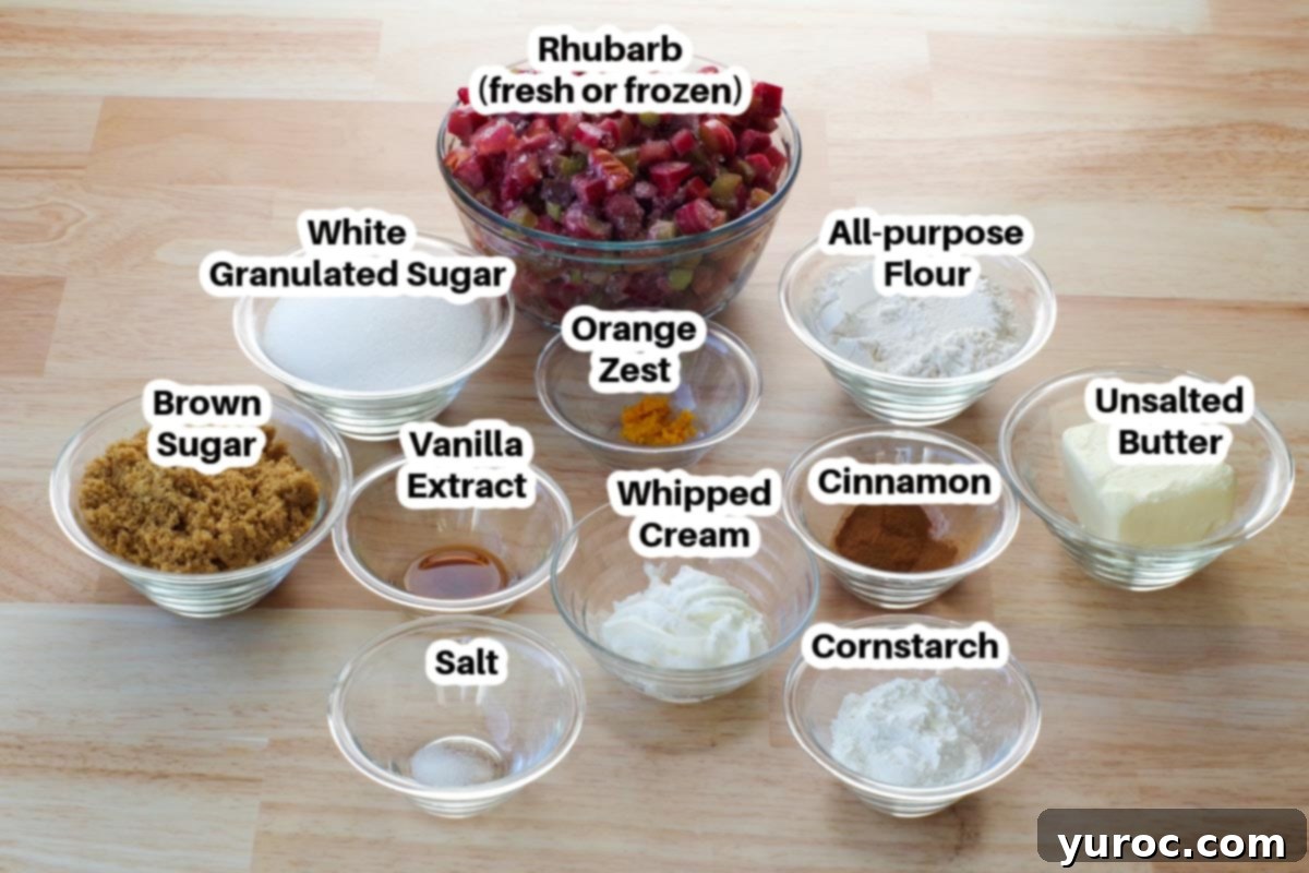 Arrangement of Old Fashioned Rhubarb Crumble ingredients in clear glass bowls, each clearly labeled for easy identification.