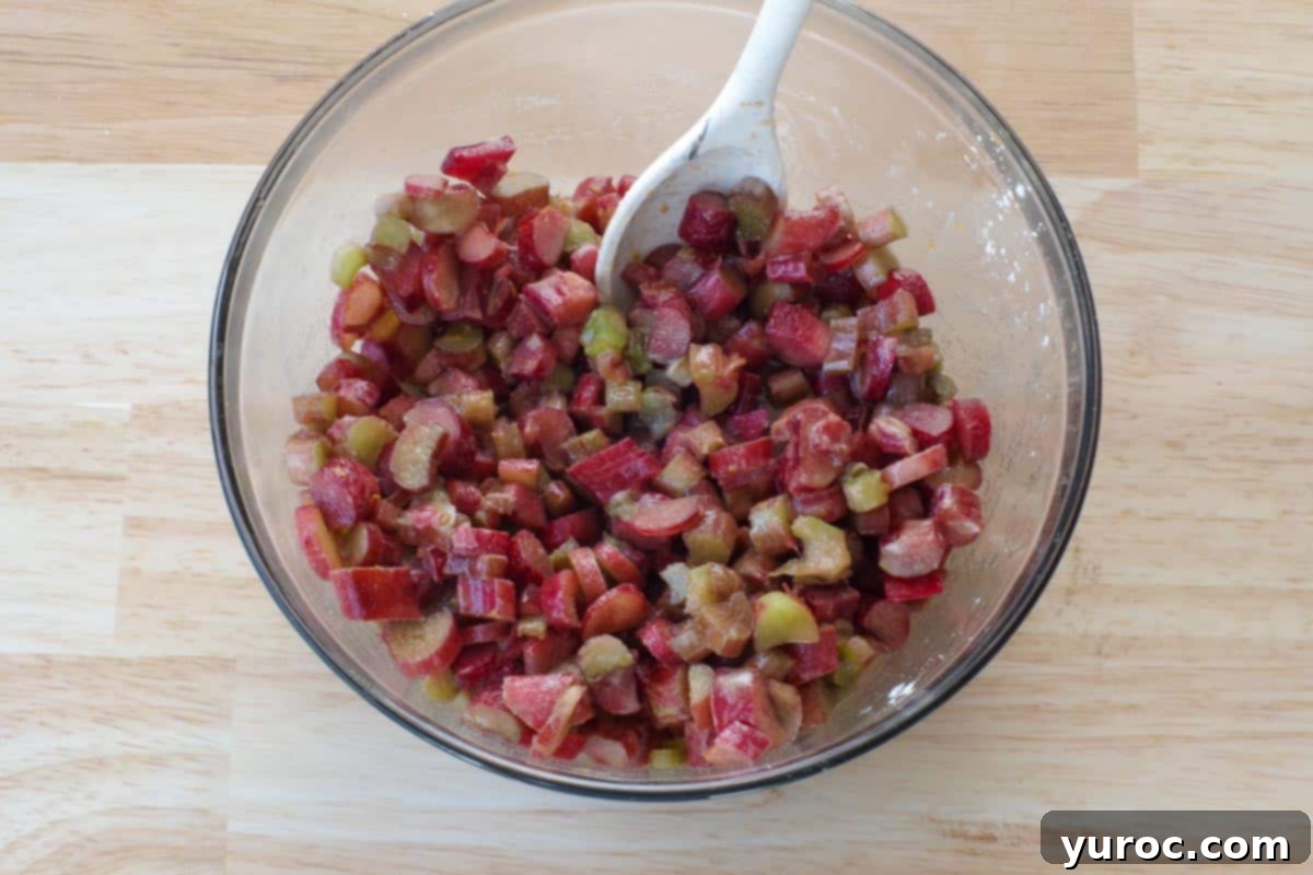 Frozen chopped rhubarb mixed with sugars, cinnamon, vanilla, orange zest, and cornstarch in a large glass bowl, ready for the filling.
