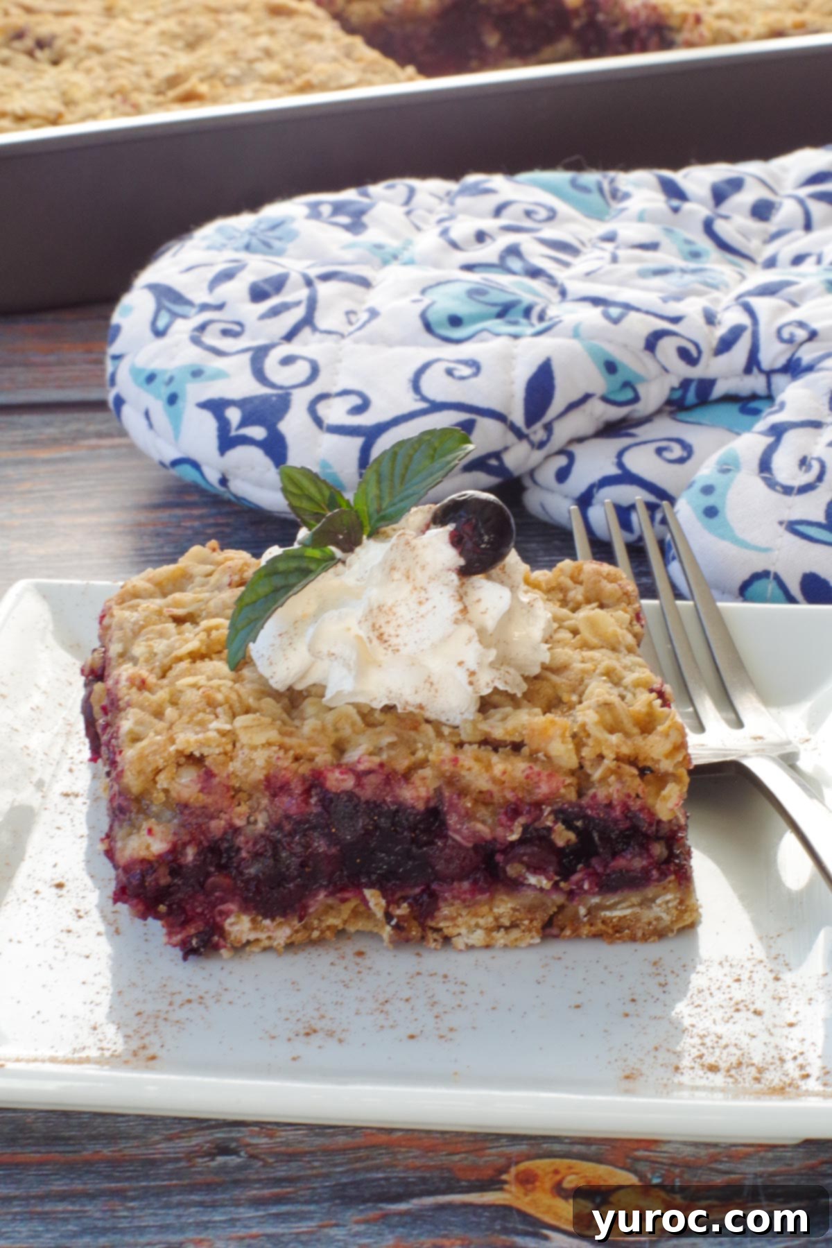 Saskatoon Berry Bliss Bars 2 Saskatoon berry square with whipped cream on a white plate with blue flowered oven mitts and a pan of more square in the background