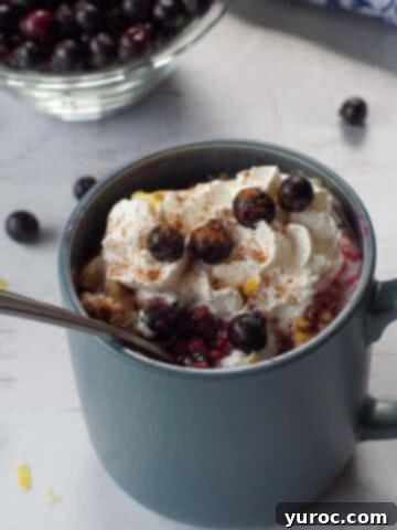 Saskatoon berry crisp recipe in a mug with a spoon in it, berries stewn around and a bowl of Saskatoon berries in the background