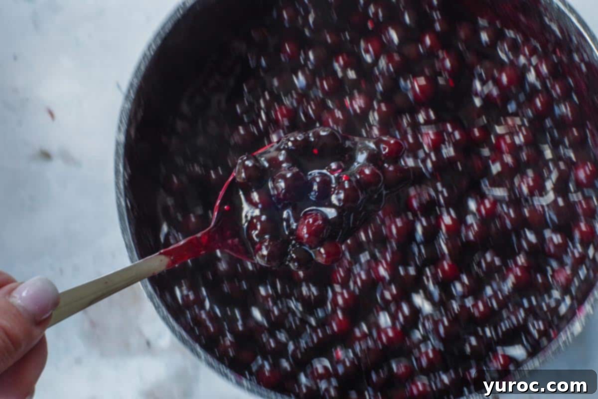 Saskatoon Berry Bliss Bars 7 Saskatoon berry square filling being held up on a spoon over a saucepan of berry filling
