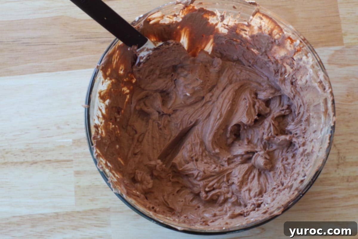 Melted chocolate and dissolved gelatin mixed into the fluffy cream cheese and sugar mixture in a large glass bowl, with a black spatula.