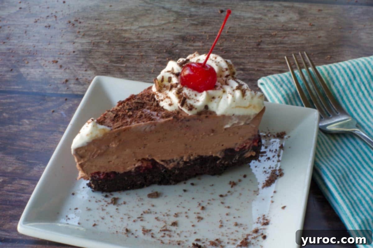 A perfect slice of No-Bake Black Forest Cheesecake presented on a pristine white plate, highlighting its distinct layers.