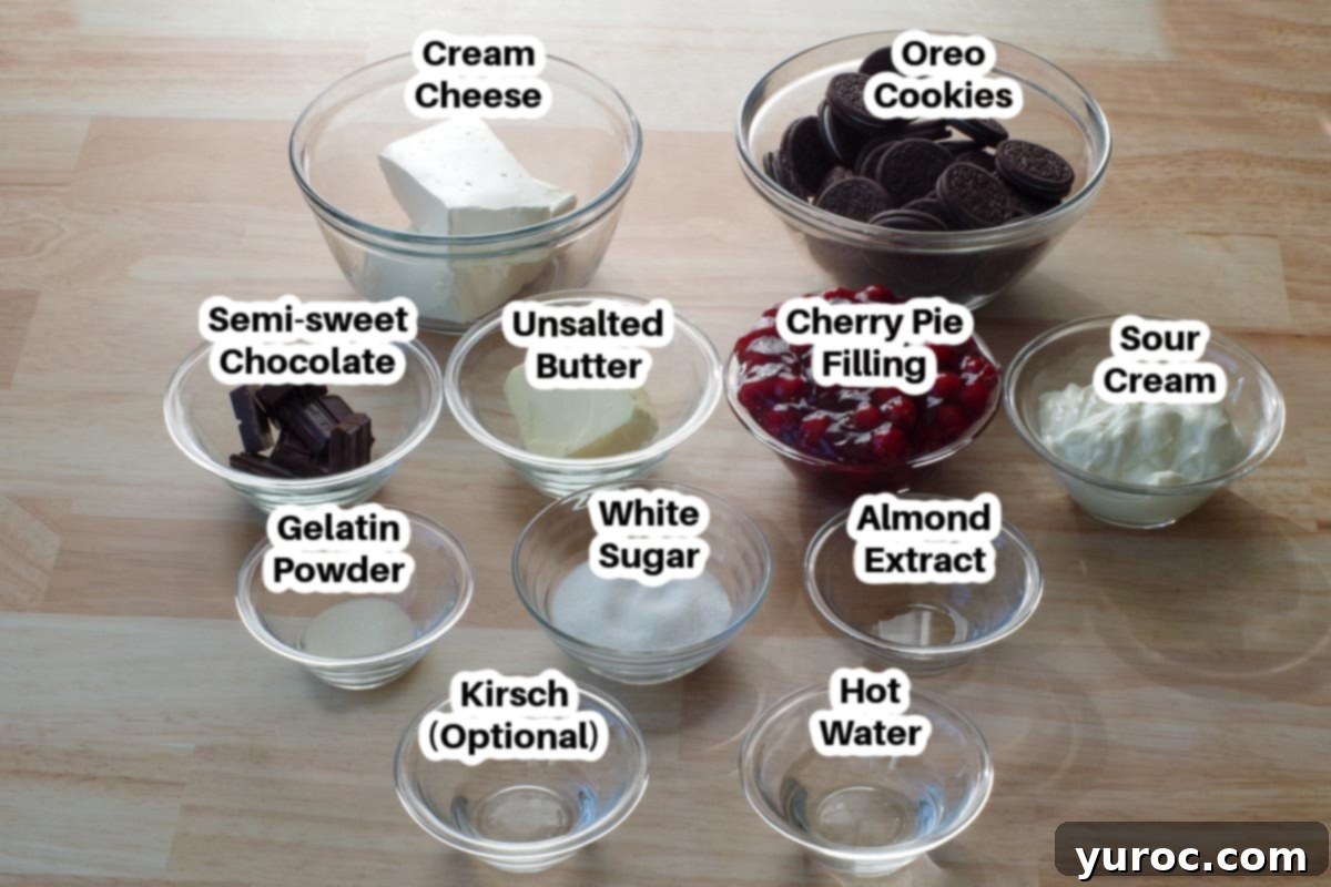 A selection of no bake black forest cheesecake ingredients neatly arranged in glass bowls, each clearly labelled.