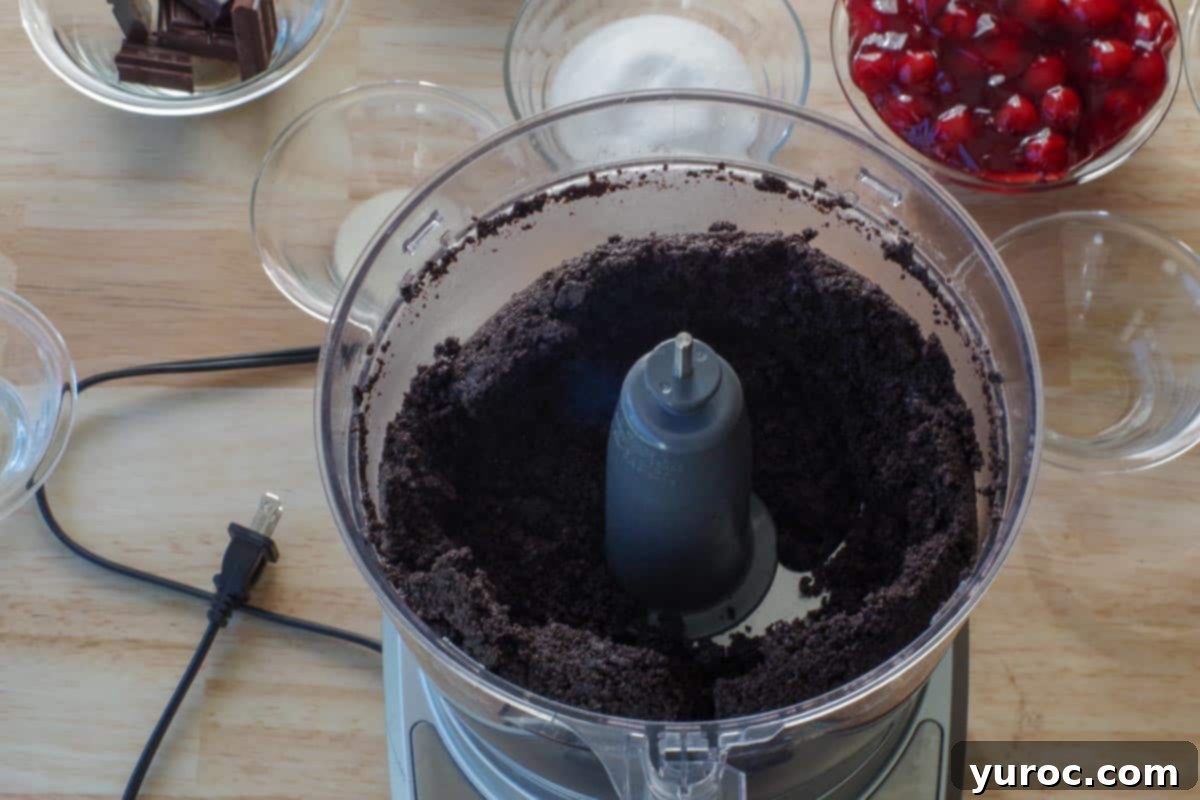 Oreo cookies and melted butter perfectly processed into a fine, uniform crumb, ideal for a cheesecake crust.