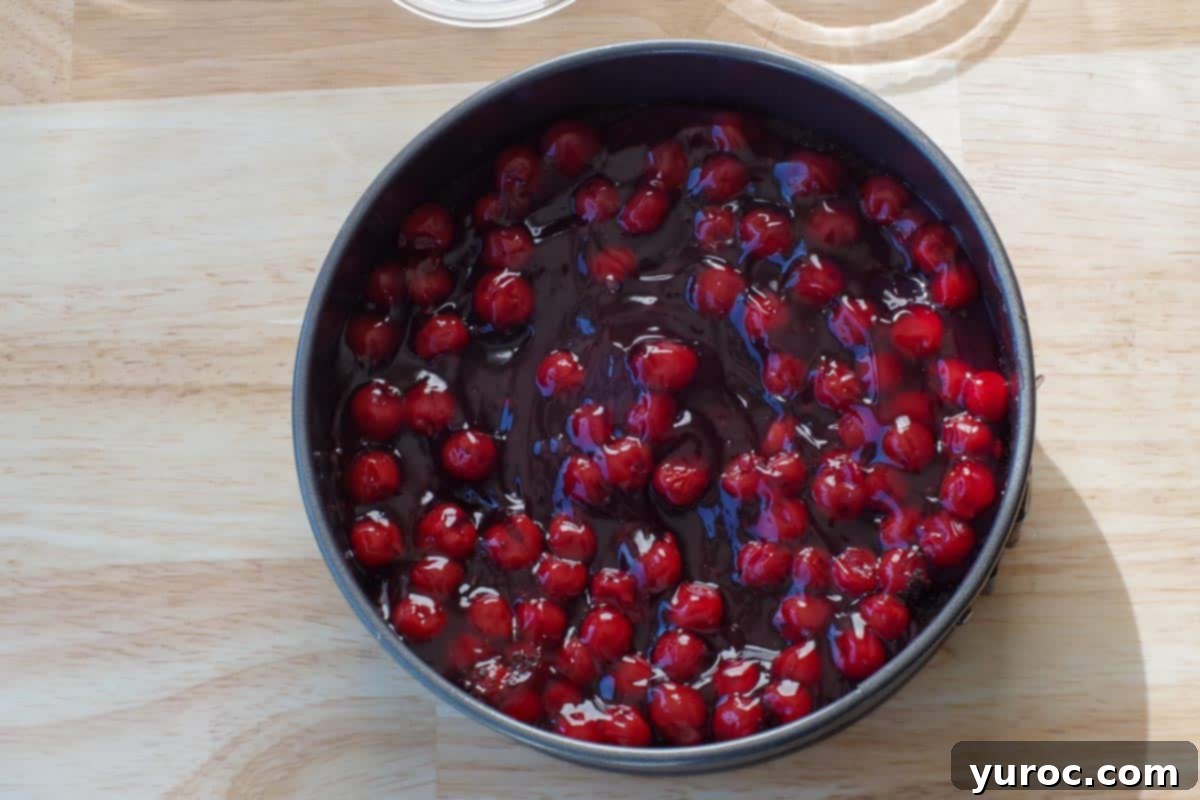 The cherry pie filling mixture poured evenly over the Oreo cookie crust in the springform pan.