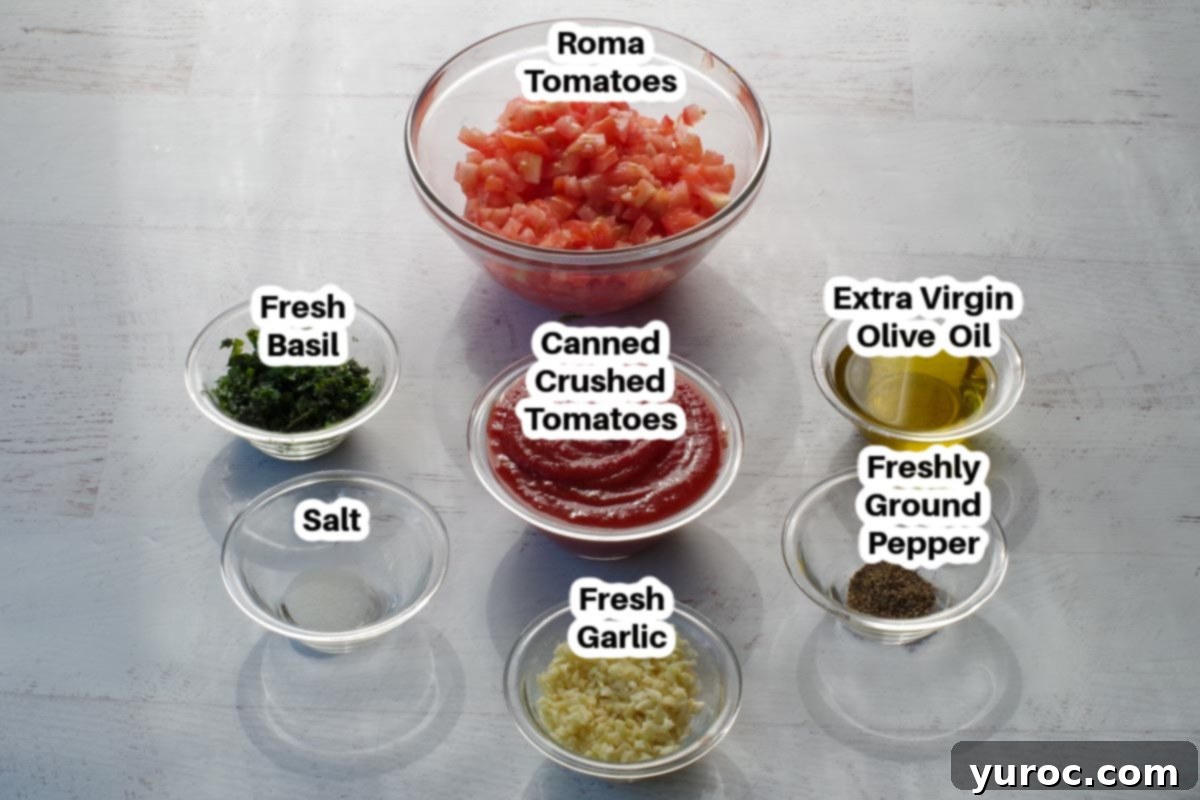 Ingredients in tomato and basil bruschetta, in glass bowls, labelled