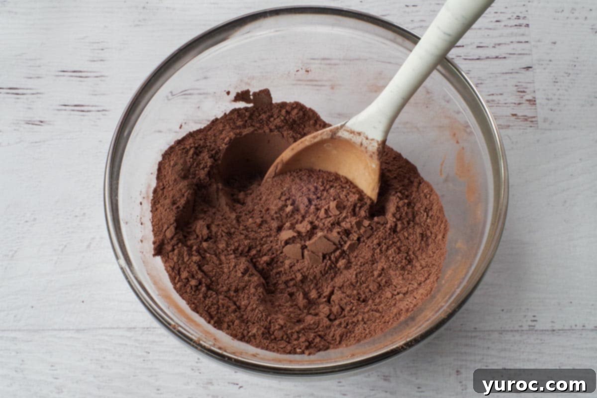 Dry ingredients mixed together in a separate smaller bowl: flour, cocoa, cinnamon, baking soda, and baking powder