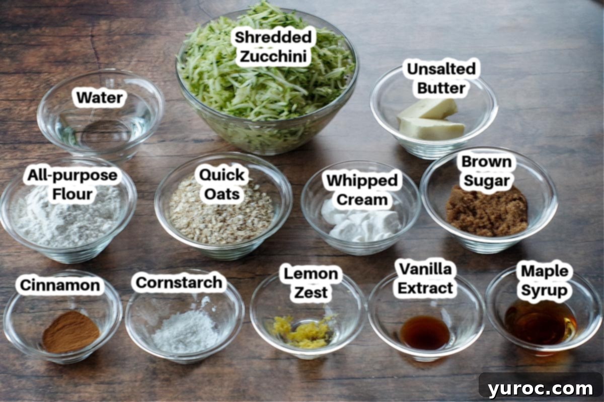 Individual glass containers filled with ingredients for zucchini crisp, including shredded zucchini, oats, flour, and spices, all neatly labeled on a wooden table.