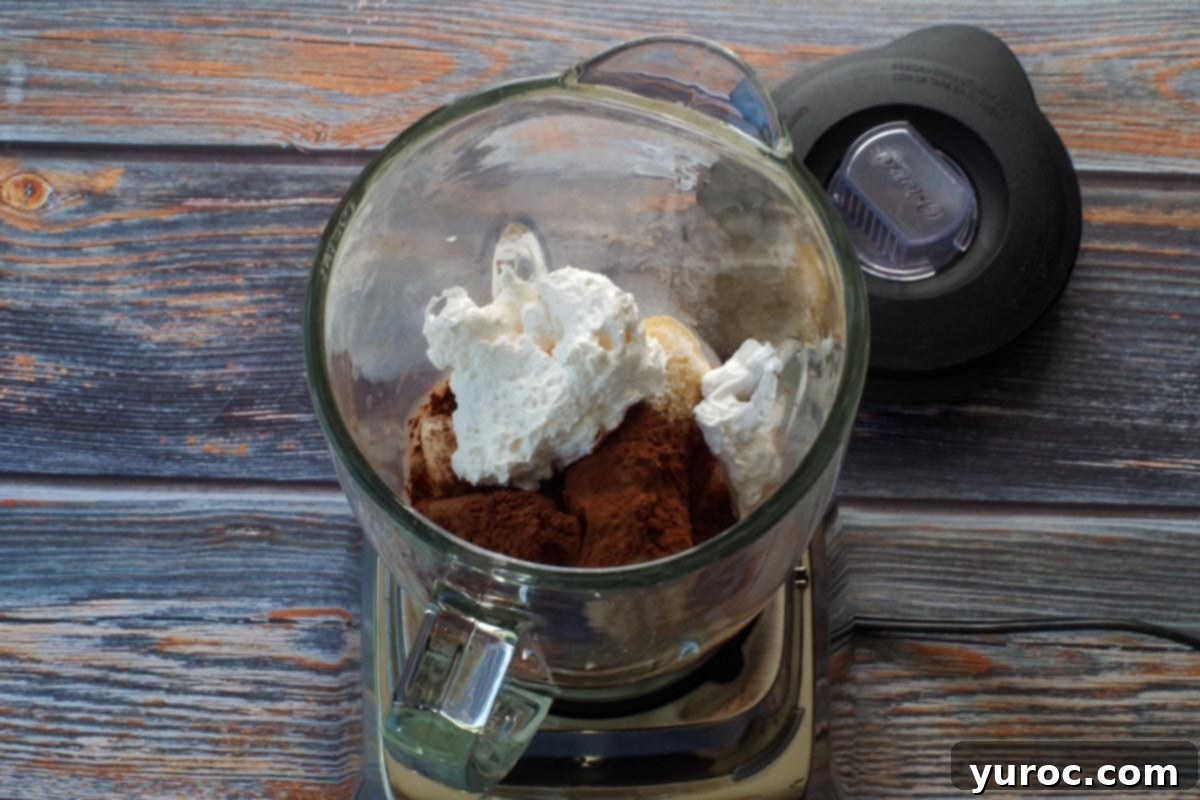Skinny Chocolate Dream Frosty 4 All the pre-measured ingredients for the chocolate frosty neatly arranged in a blender, ready for mixing.