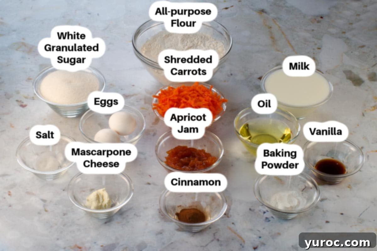 Glazed Carrot Cake Doughnut Muffins 3 Ingredients in Carrot Cake Doughnut Muffins and filling displayed in glass bowls, meticulously labelled.